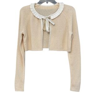 Cropped Wool Cardigan Cream Ruffle Collar Tie Front Cottagecore Coquette